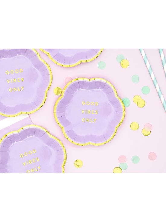 6 platos morados pastel con borde dorado "Good vibes only" de papel (13 cm) - Yummy