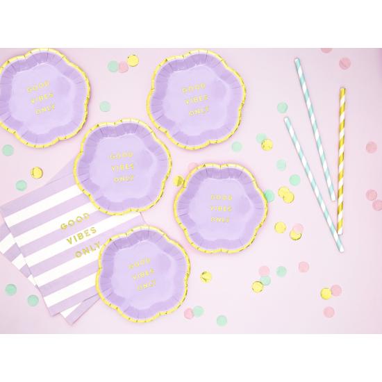 6 platos morados pastel con borde dorado "Good vibes only" de papel (13 cm) - Yummy 6 platos morados pastel con borde dorado "Good vibes only" de papel (13 cm) - Yummy