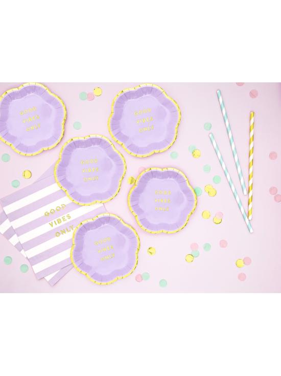6 platos morados pastel con borde dorado "Good vibes only" de papel (13 cm) - Yummy