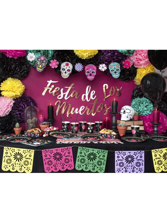 6 platos negros con flores multicolor de papel (18 cm) - Dia de Los Muertos Collection