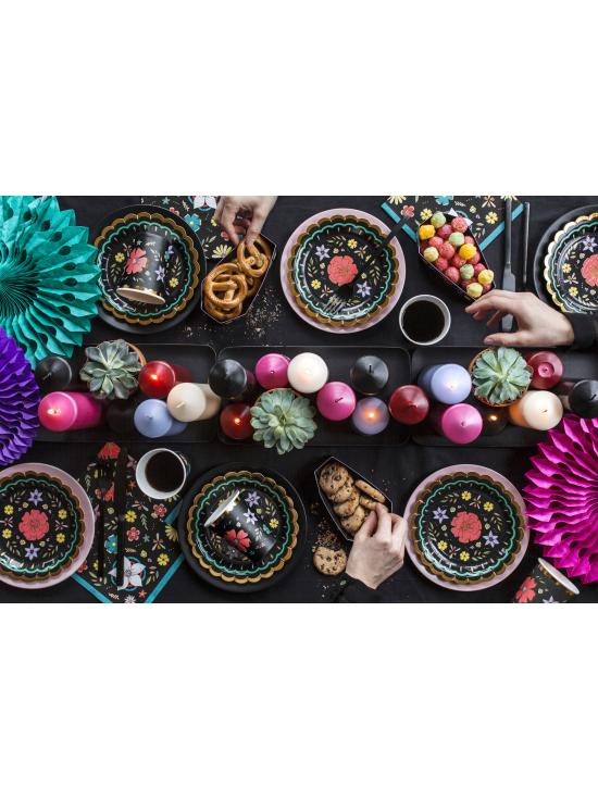 6 platos negros con flores multicolor de papel (18 cm) - Dia de Los Muertos Collection