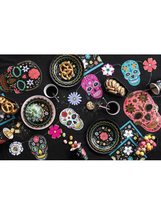 6 platos negros con flores multicolor de papel (18 cm) - Dia de Los Muertos Collection