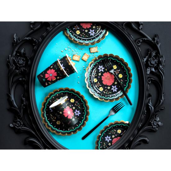 6 platos negros con flores multicolor de papel (18 cm) - Dia de Los Muertos Collection 6 platos negros con flores multicolor de papel (18 cm) - Dia de Los Muertos Collection