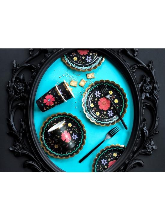 6 platos negros con flores multicolor de papel (18 cm) - Dia de Los Muertos Collection