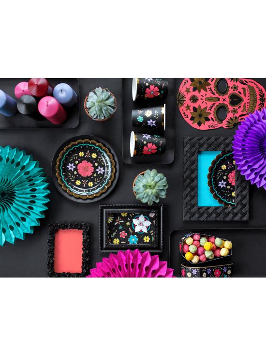 6 platos negros con flores multicolor de papel (18 cm) - Dia de Los Muertos Collection