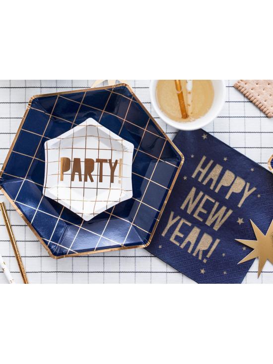6 platos pentagonales azules marino con cuadrículas doradas de papel para nochevieja (23 cm) - Happy New Year Collection