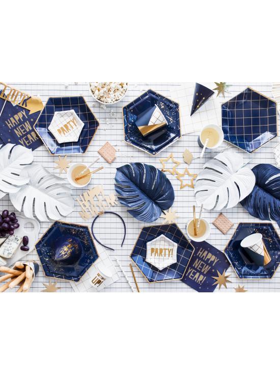 6 platos pentagonales azules marino con cuadrículas doradas de papel para nochevieja (23 cm) - Happy New Year Collection