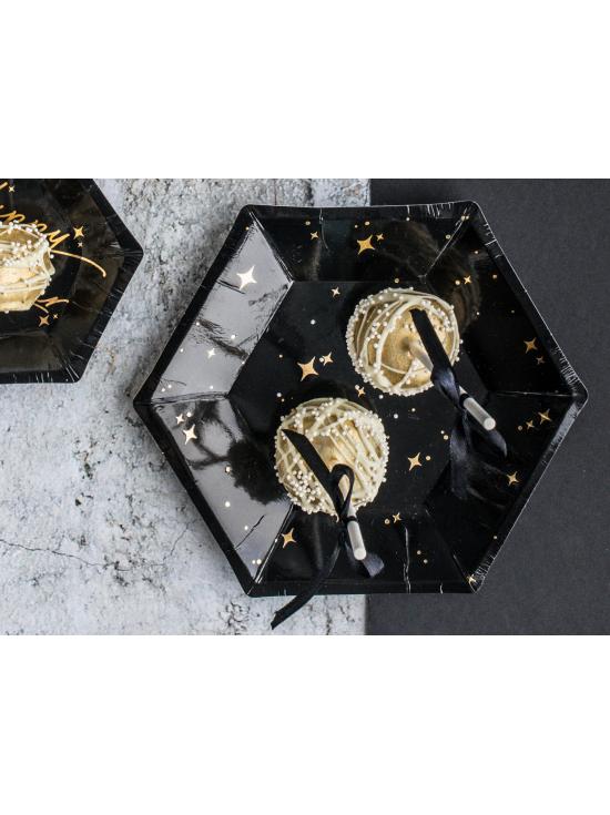 6 platos pentagonales negros con estrellas doradas de papel (20 cm) - New Year’s Eve Collection