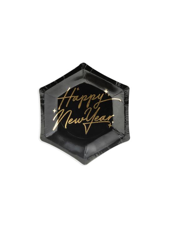 6 platos pentagonales negros y dorados "Happy New Year" de papel para nochevieja (12,5 cm) - New Year’s Eve Collection