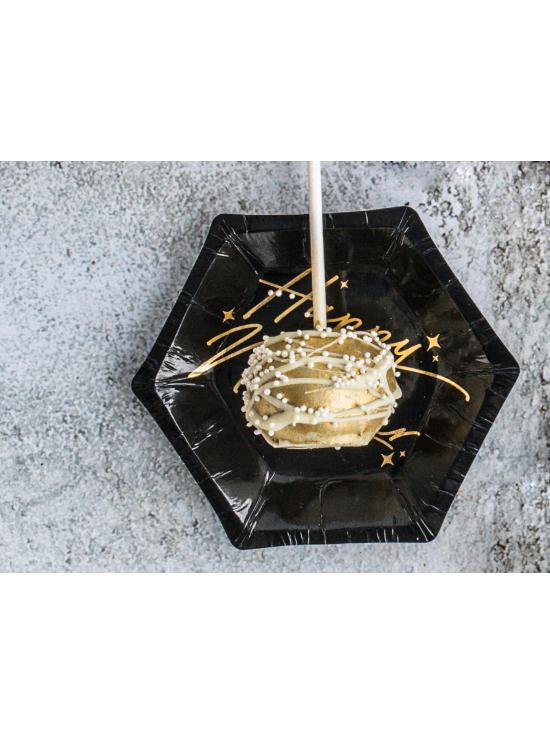 6 platos pentagonales negros y dorados "Happy New Year" de papel para nochevieja (12,5 cm) - New Year’s Eve Collection