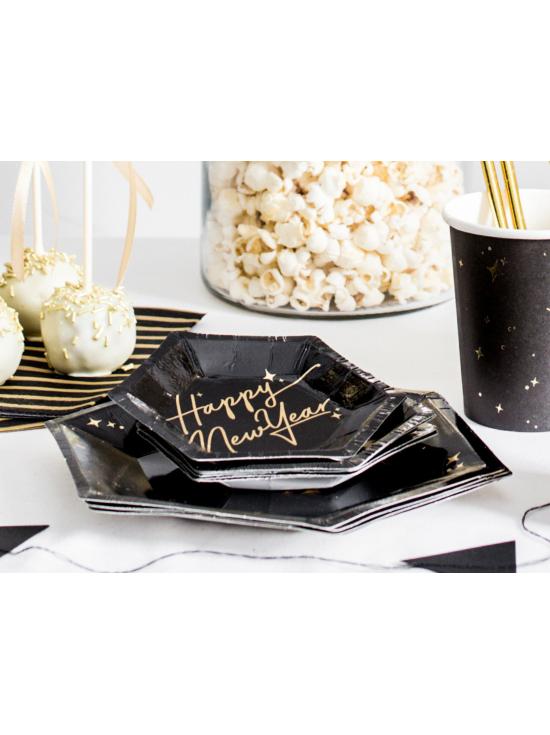 6 platos pentagonales negros y dorados "Happy New Year" de papel para nochevieja (12,5 cm) - New Year’s Eve Collection