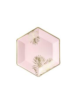 6 platos pentagonales rosas con hojas doradas de papel (23 cm)