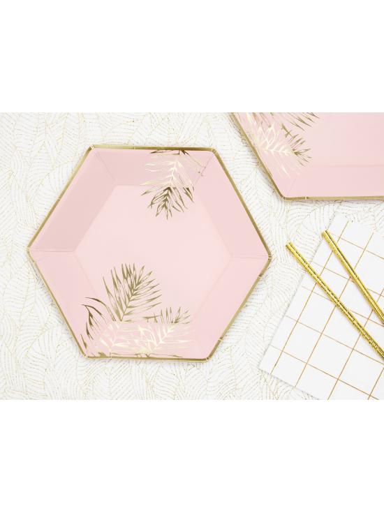 6 platos pentagonales rosas con hojas doradas de papel (23 cm)