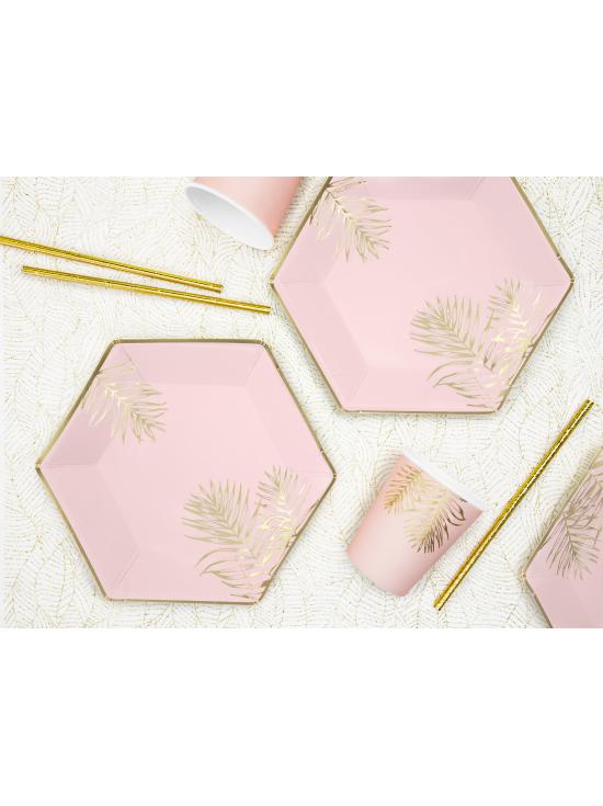 6 platos pentagonales rosas con hojas doradas de papel (23 cm)