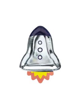 6 platos plateados con forma de cohete de papel (21,5x29,5 cm) - Space Party