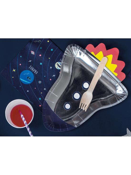 6 platos plateados con forma de cohete de papel (21,5x29,5 cm) - Space Party