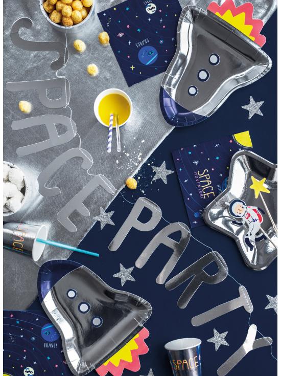 6 platos plateados con forma de cohete de papel (21,5x29,5 cm) - Space Party