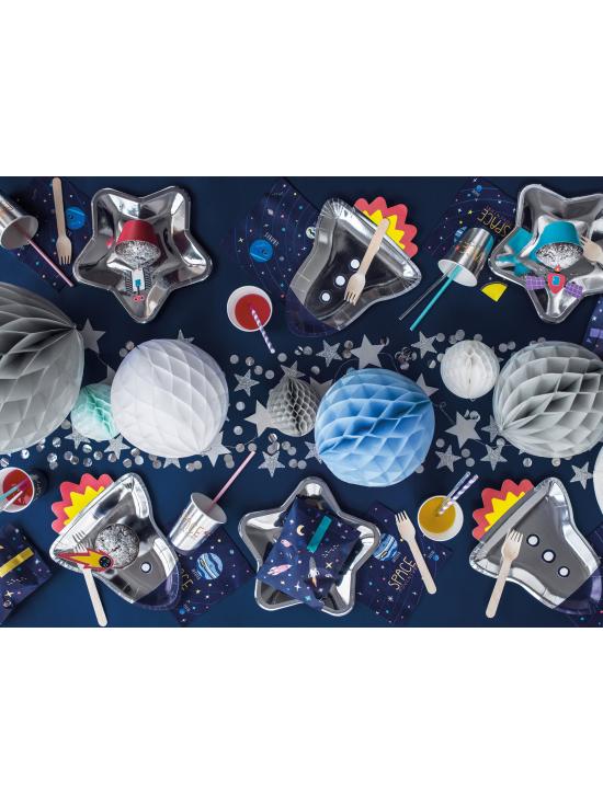 6 platos plateados con forma de cohete de papel (21,5x29,5 cm) - Space Party