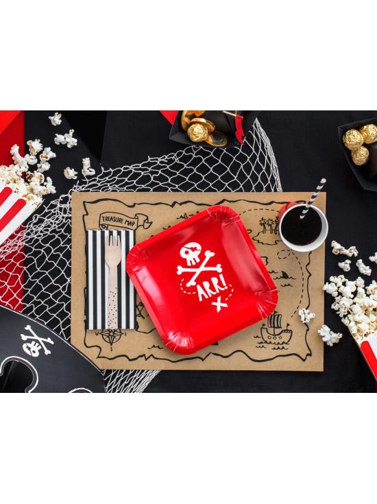 6 platos rojos cuadrados "Arr!" de papel (20 cm) - Pirates Party