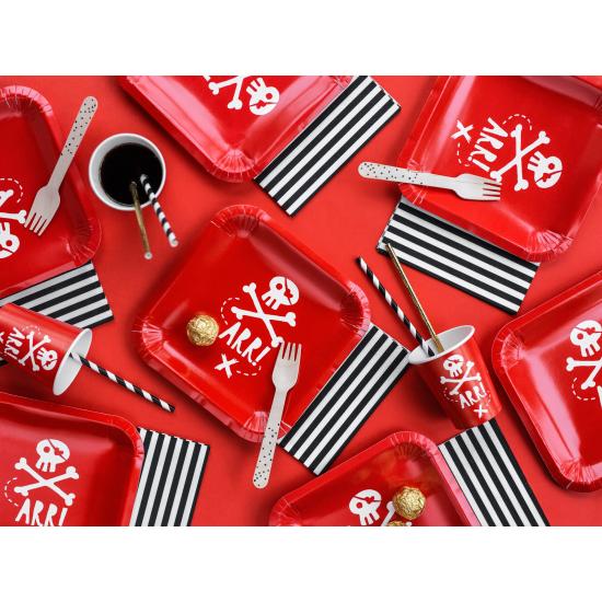6 platos rojos cuadrados "Arr!" de papel (20 cm) - Pirates Party
