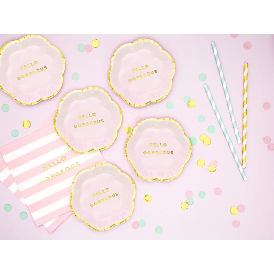 6 platos rosas pastel con borde dorado "Hello gorgeus" de papel (13 cm) - Yummy 6 platos rosas pastel con borde dorado "Hello gorgeus" de papel (13 cm) - Yummy