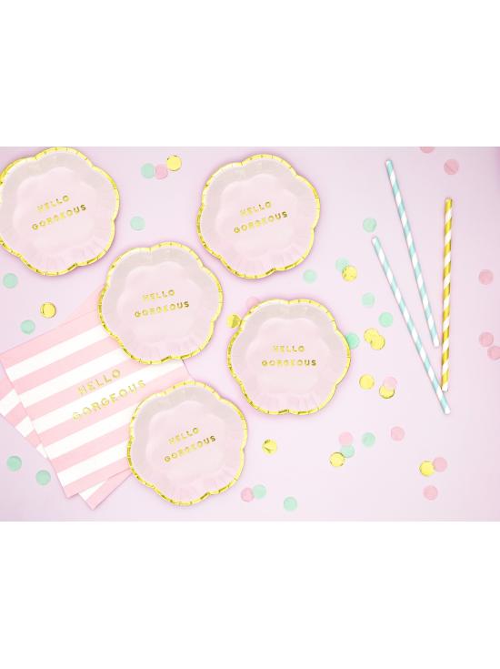 6 platos rosas pastel con borde dorado "Hello gorgeus" de papel (13 cm) - Yummy