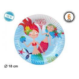 6 Pratos Pequena Sereia 18 cms