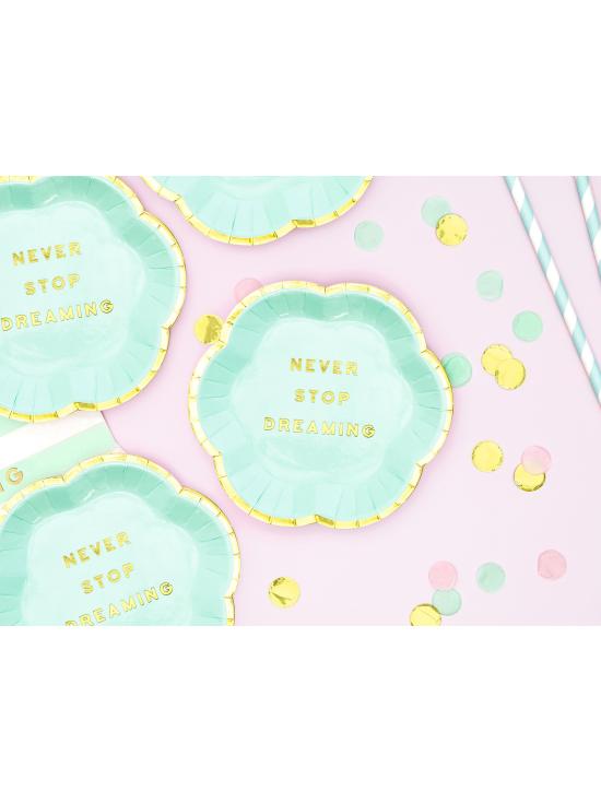 6 platos verde menta pastel con borde dorado "Never stop dreaming" de papel (13 cm) - Yummy