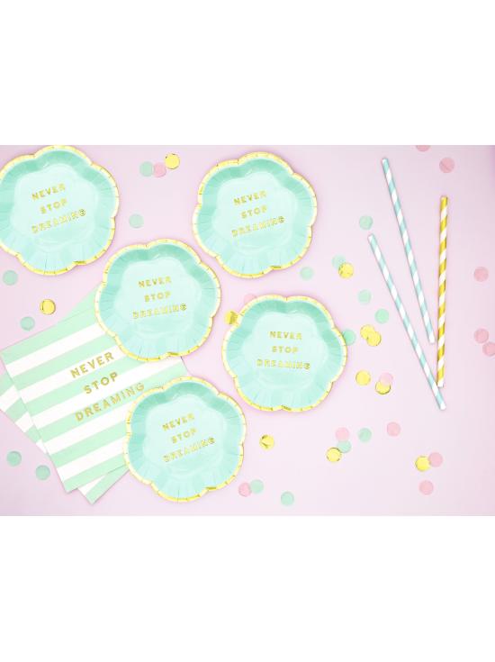 6 platos verde menta pastel con borde dorado "Never stop dreaming" de papel (13 cm) - Yummy
