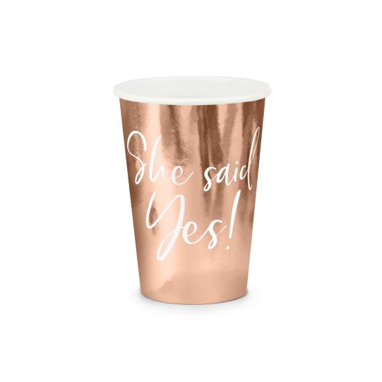 6 vasos "She said yes!" oro rosa de papel - Rose Gold Bride To Be