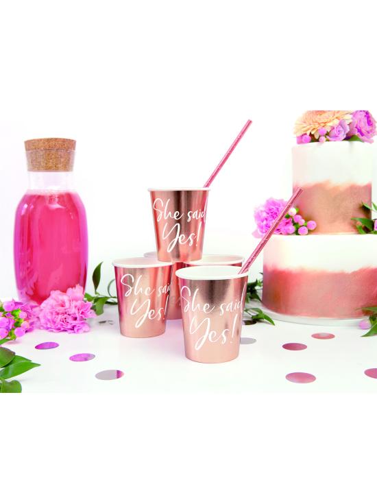 6 vasos "She said yes!" oro rosa de papel - Rose Gold Bride To Be