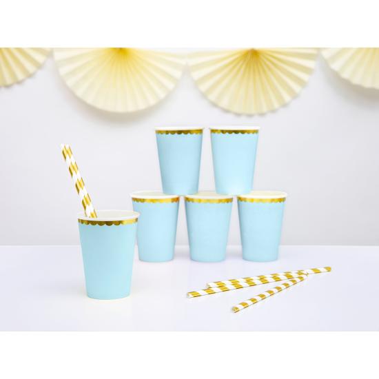 6 vasos azul pastel con borde dorado de papel - Yummy