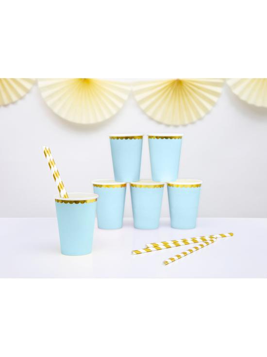 6 vasos azul pastel con borde dorado de papel - Yummy
