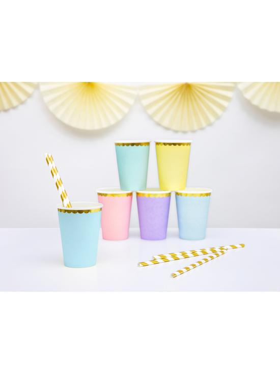 6 vasos azul pastel con borde dorado de papel - Yummy