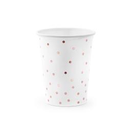 6 vasos blancos con lunares oro rosa de papel