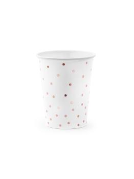 6 vasos blancos con lunares oro rosa de papel
