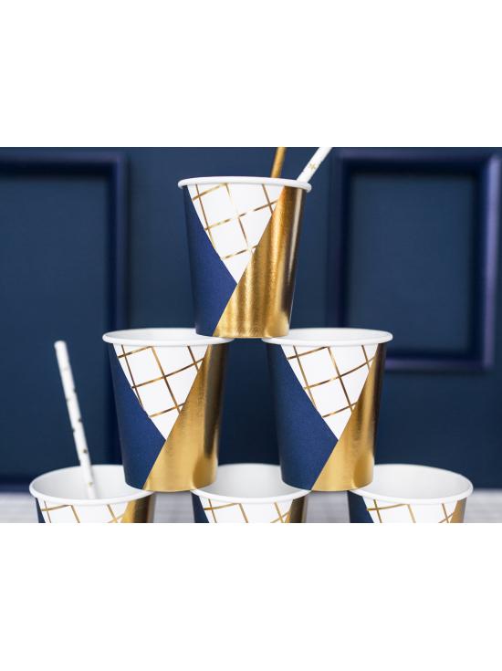 6 vasos estampado geométrico azul oscuro y dorado de papel para nochevieja - Happy New Year Collection