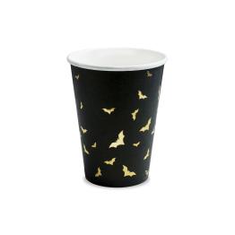 6 vasos negros con murciélagos dorados de papel - Trick or Treat Collection