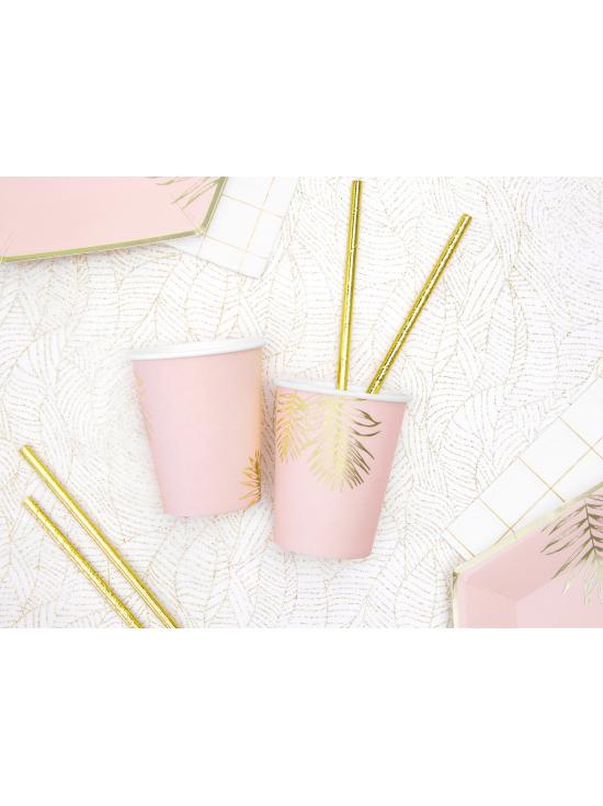 6 vasos rosas con hojas doradas de papel