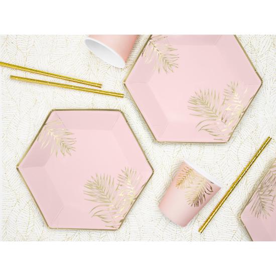 6 vasos rosas con hojas doradas de papel 6 vasos rosas con hojas doradas de papel