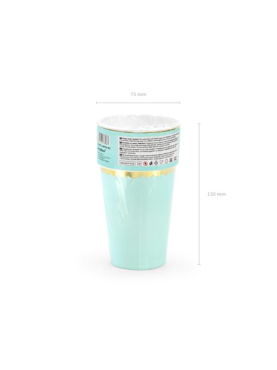 6 vasos verde menta pastel con borde dorado de papel - Yummy