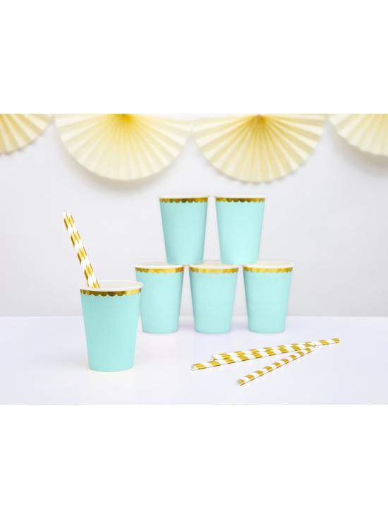 6 vasos verde menta pastel con borde dorado de papel - Yummy
