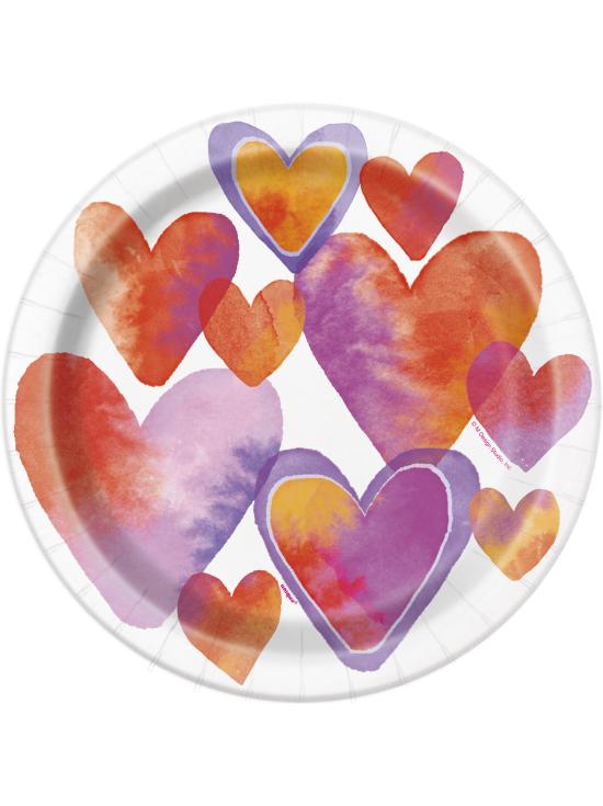 8 platos con corazones de acuarela (23 cm) - Watercolour Hearts
