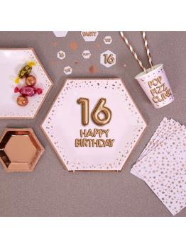 8 platos hexagonales "16 Happy Birthday" de papel (27 cm) - Glitz & Glamour Pink & Rose Gold