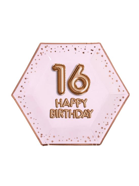 8 platos hexagonales "16 Happy Birthday" de papel (27 cm) - Glitz & Glamour Pink & Rose Gold