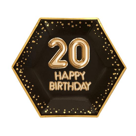 8 platos hexagonales "20 Happy Birthday" de papel (27 cm) - Glitz & Glamour Black & Gold 8 platos hexagonales "20 Happy Birthday" de papel (27 cm) - Glitz & Glamour Black & Gold