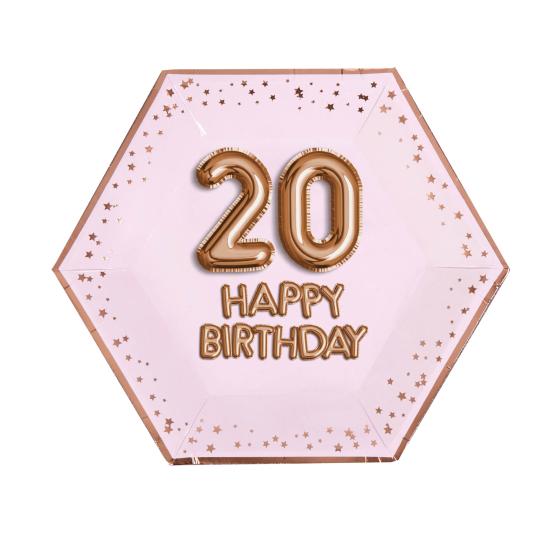 8 platos hexagonales "20 Happy Birthday" de papel (27 cm) - Glitz & Glamour Pink & Rose Gold 8 platos hexagonales "20 Happy Birthday" de papel (27 cm) - Glitz & Glamour Pink & Rose Gold
