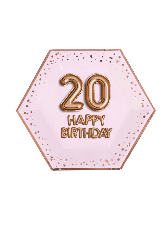 8 platos hexagonales "20 Happy Birthday" de papel (27 cm) - Glitz & Glamour Pink & Rose Gold