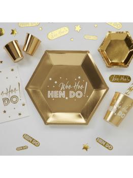 8 platos hexagonales dorados de papel (27 cm) - Woo Hoo Hen Do