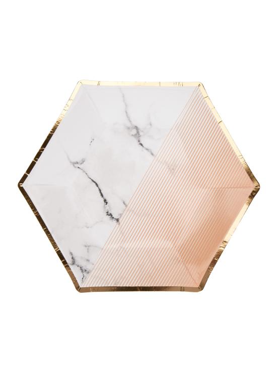 8 platos hexagonales medianos con estampado geométrico melocotón (20 cm) - Colour Block Marble